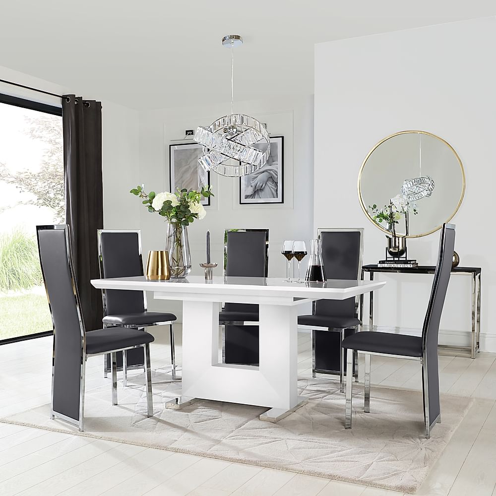 Florence Extending Dining Table & 4 Celeste Chairs, White High Gloss, Grey Classic Faux Leather & Chrome, 120-160cm