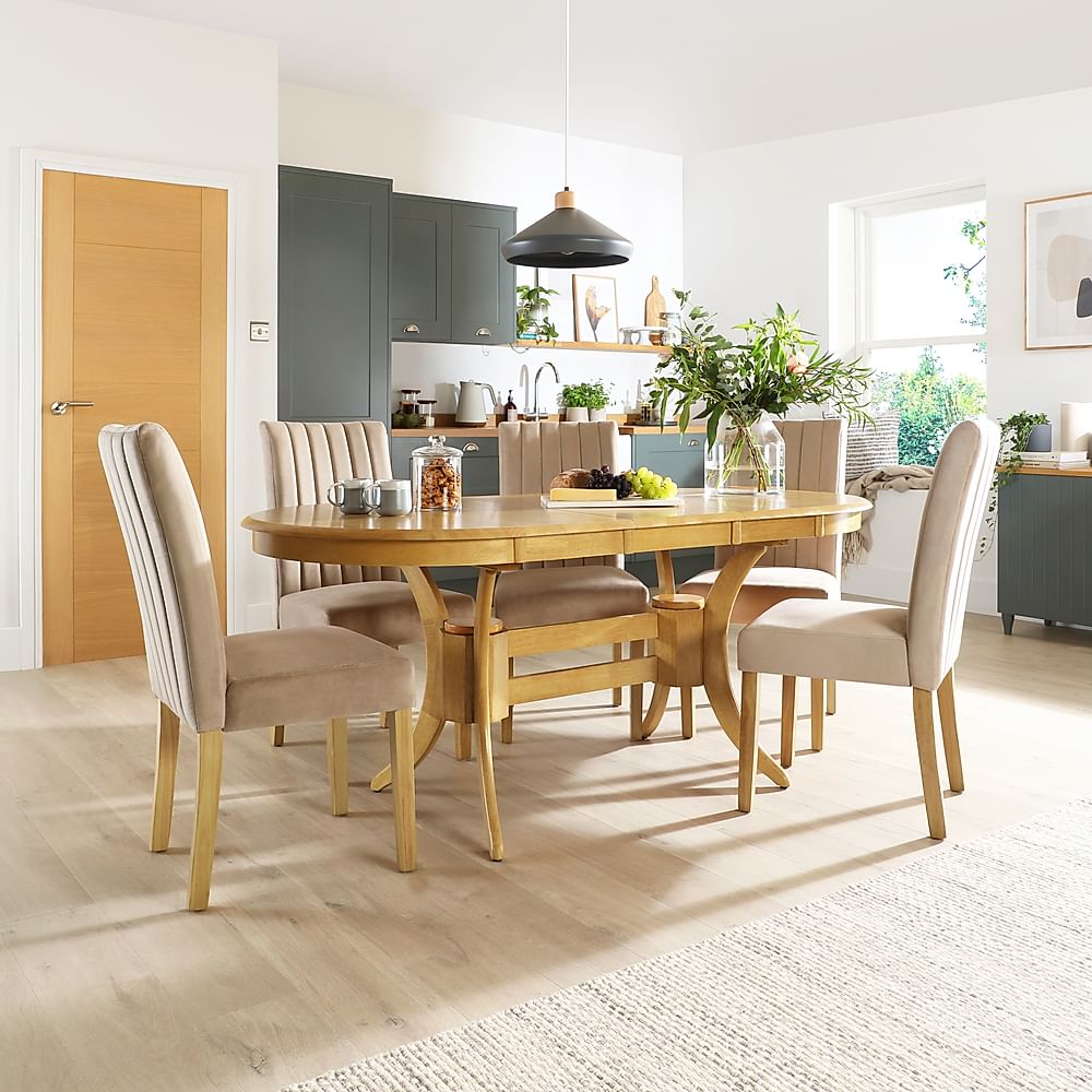 Townhouse Oval Extending Dining Table & 6 Salisbury Chairs, Natural Oak Finished Solid Hardwood, Champagne Classic Velvet, 150-180cm