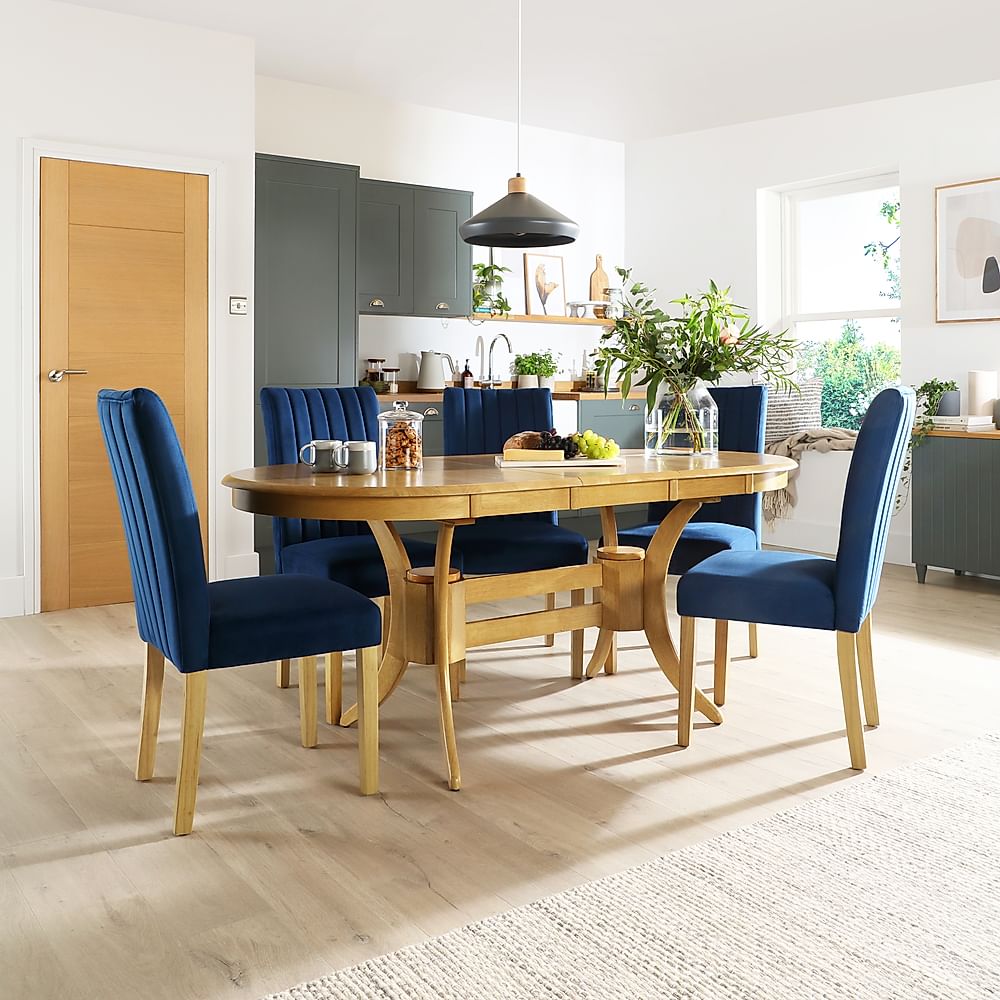 Townhouse Oval Extending Dining Table & 4 Salisbury Chairs, Natural Oak Finished Solid Hardwood, Blue Classic Velvet, 150-180cm