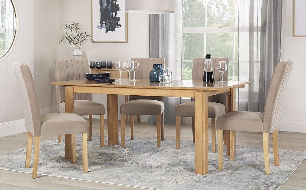 Bali Extending Dining Table & 4 Salisbury Chairs, Natural Oak Finished Solid Hardwood, Champagne Classic Velvet, 150-180cm