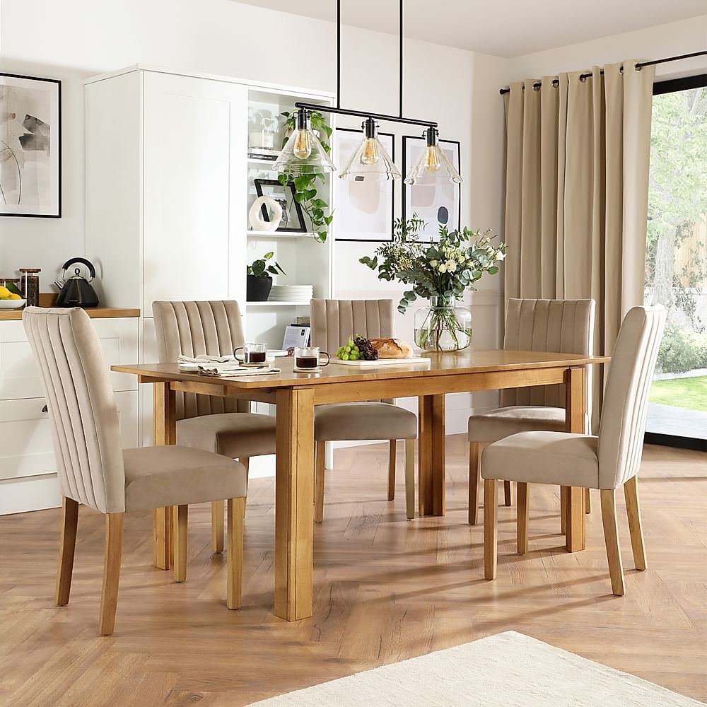 Bali Extending Dining Table & 4 Salisbury Chairs, Natural Oak Finished Solid Hardwood, Champagne Classic Velvet, 150-180cm