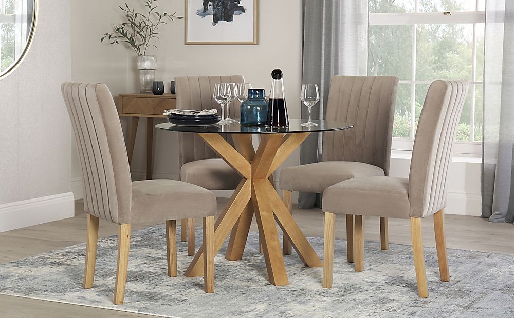 Hatton Round Dining Table & 4 Salisbury Chairs, Glass & Natural Oak Finished Solid Hardwood, Champagne Classic Velvet, 100cm