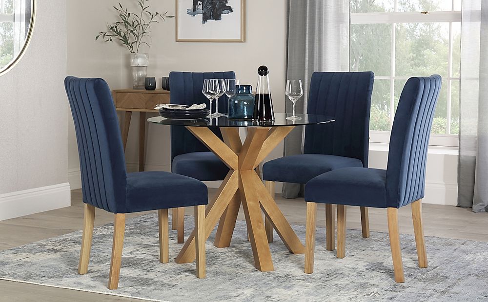 Hatton Round Dining Table & 4 Salisbury Chairs, Glass & Natural Oak Finished Solid Hardwood, Blue Classic Velvet, 100cm