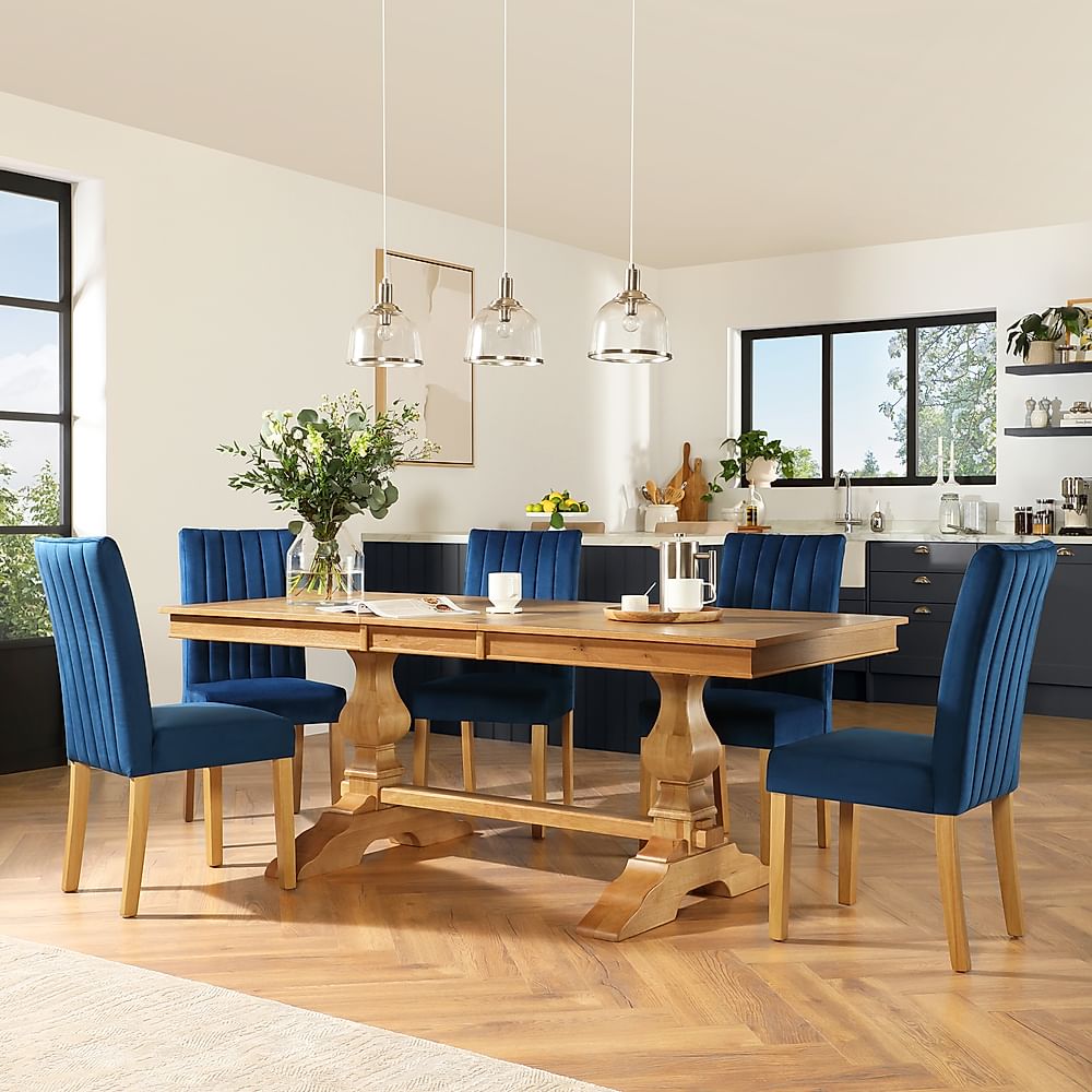 Cavendish Extending Dining Table & 6 Salisbury Chairs, Natural Oak Veneer & Solid Hardwood, Blue Classic Velvet & Natural Oak Finished Solid Hardwood, 160-200cm