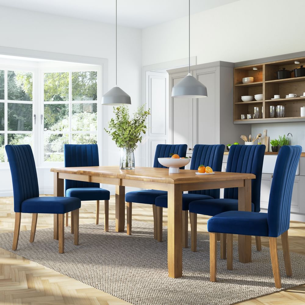 Highbury Extending Dining Table & 8 Salisbury Chairs, Natural Oak Finished Solid Hardwood, Blue Classic Velvet, 150-200cm