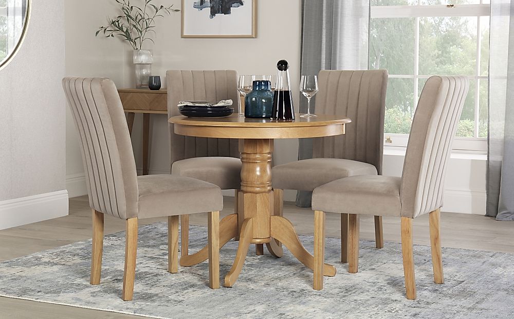 Kingston Round Dining Table & 4 Salisbury Chairs, Natural Oak Finished Solid Hardwood, Champagne Classic Velvet, 90cm