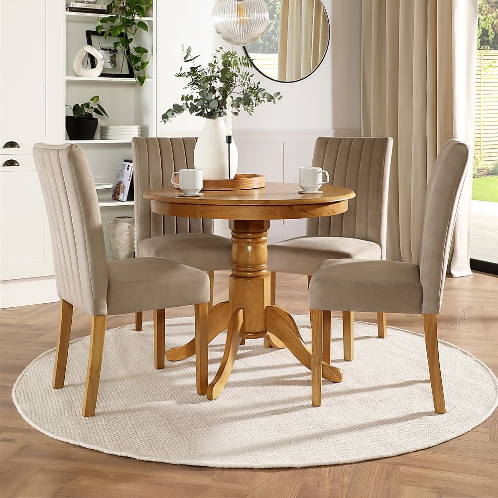 Kingston Round Dining Table & 4 Salisbury Chairs, Natural Oak Finished Solid Hardwood, Champagne Classic Velvet, 90cm