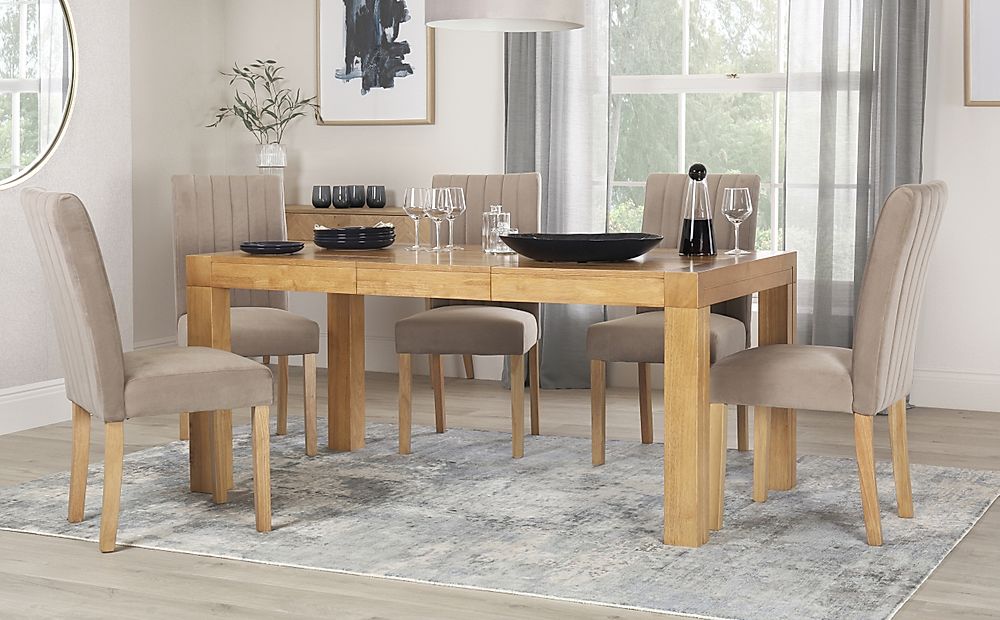 Cambridge Extending Dining Table & 6 Salisbury Chairs, Natural Oak Veneer & Solid Hardwood, Champagne Classic Velvet & Natural Oak Finished Solid Hardwood, 125-170cm