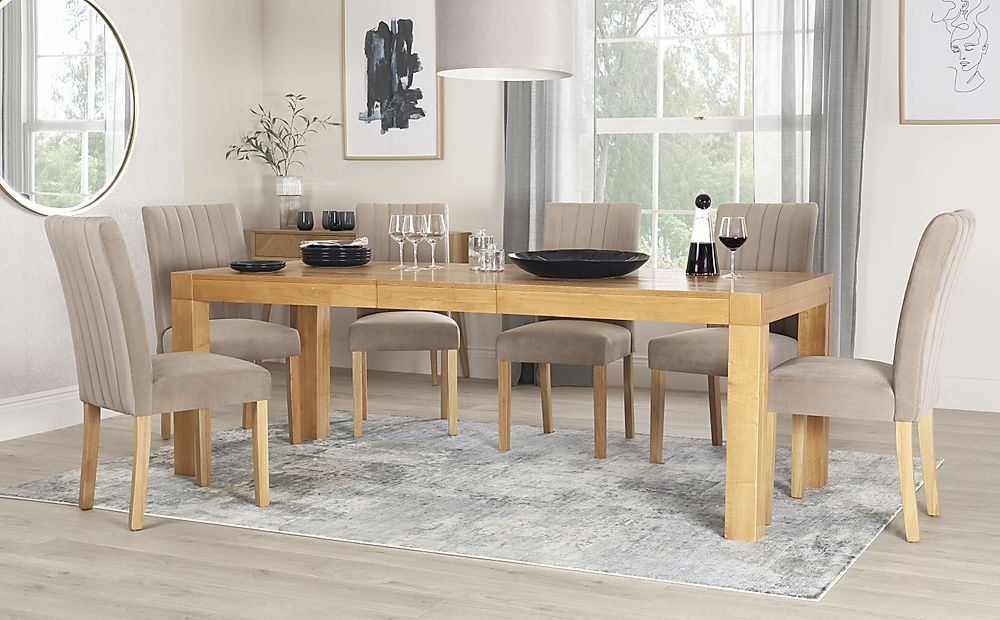 Cambridge Extending Dining Table & 8 Salisbury Chairs, Natural Oak Veneer & Solid Hardwood, Champagne Classic Velvet & Natural Oak Finished Solid Hardwood, 175-220cm