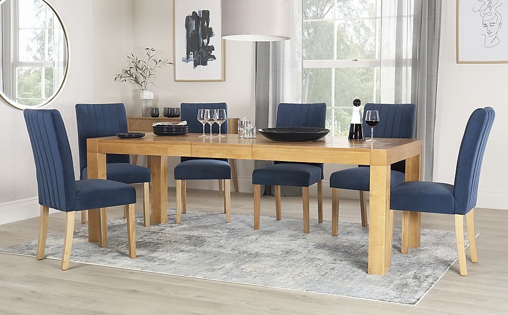 Cambridge Extending Dining Table & 6 Salisbury Chairs, Natural Oak Veneer & Solid Hardwood, Blue Classic Velvet & Natural Oak Finished Solid Hardwood, 175-220cm