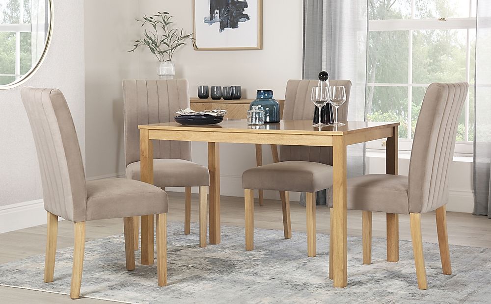Milton Dining Table & 4 Salisbury Chairs, Natural Oak Finished Solid Hardwood, Champagne Classic Velvet, 120cm