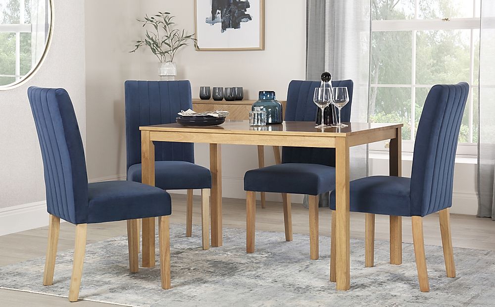 Milton Dining Table & 6 Salisbury Chairs, Natural Oak Finished Solid Hardwood, Blue Classic Velvet, 120cm