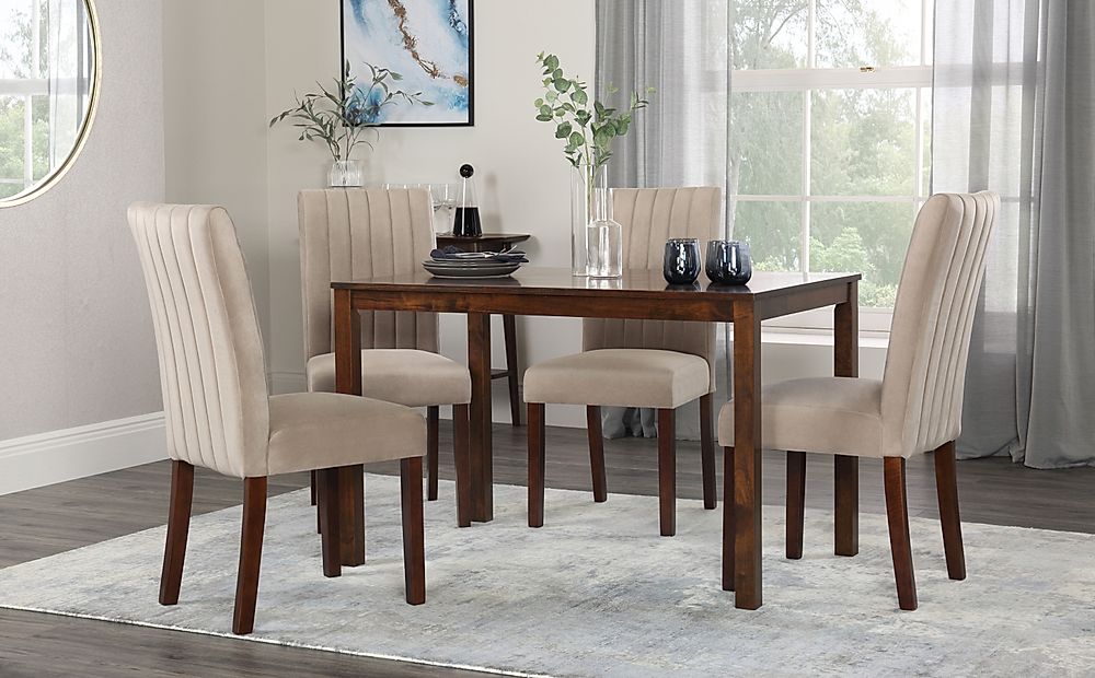 Milton Dining Table & 4 Salisbury Chairs, Dark Solid Hardwood, Champagne Classic Velvet, 120cm