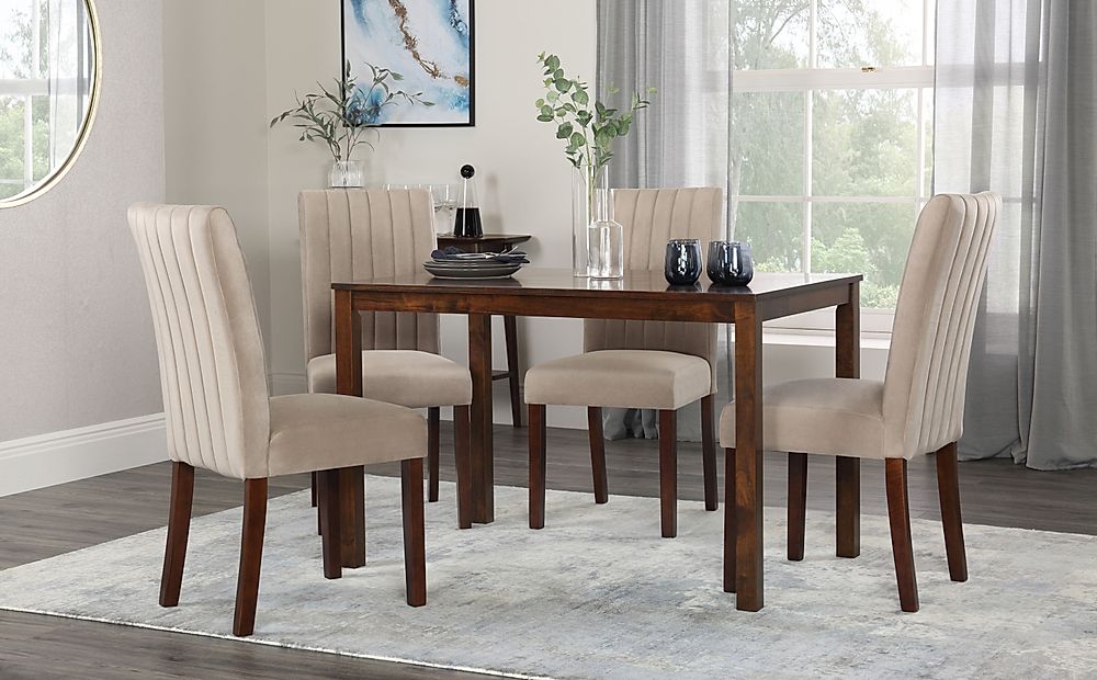 Milton Dining Table & 6 Salisbury Chairs, Dark Solid Hardwood, Champagne Classic Velvet, 120cm