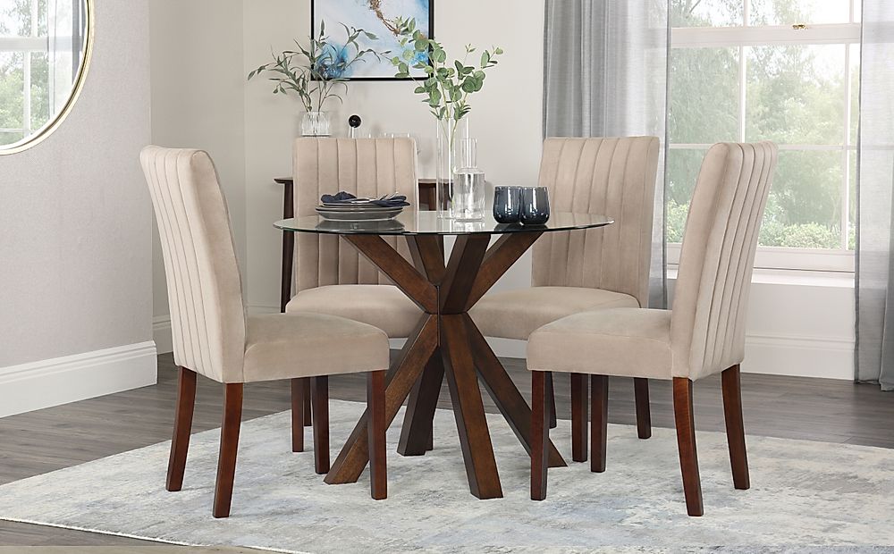 Hatton Round Dining Table & 4 Salisbury Chairs, Glass & Dark Solid Hardwood, Champagne Classic Velvet, 100cm