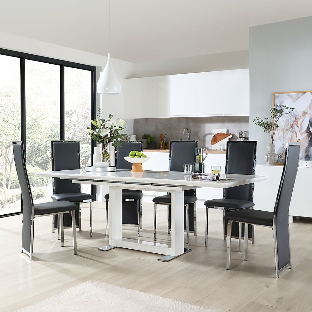 Tokyo Extending Dining Table & 8 Celeste Chairs, White High Gloss, Grey Classic Faux Leather & Chrome, 160-220cm