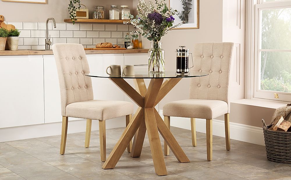 Hatton Round Dining Table & 2 Regent Chairs, Glass & Natural Oak Finished Solid Hardwood, Oatmeal Classic Linen-Weave Fabric, 100cm