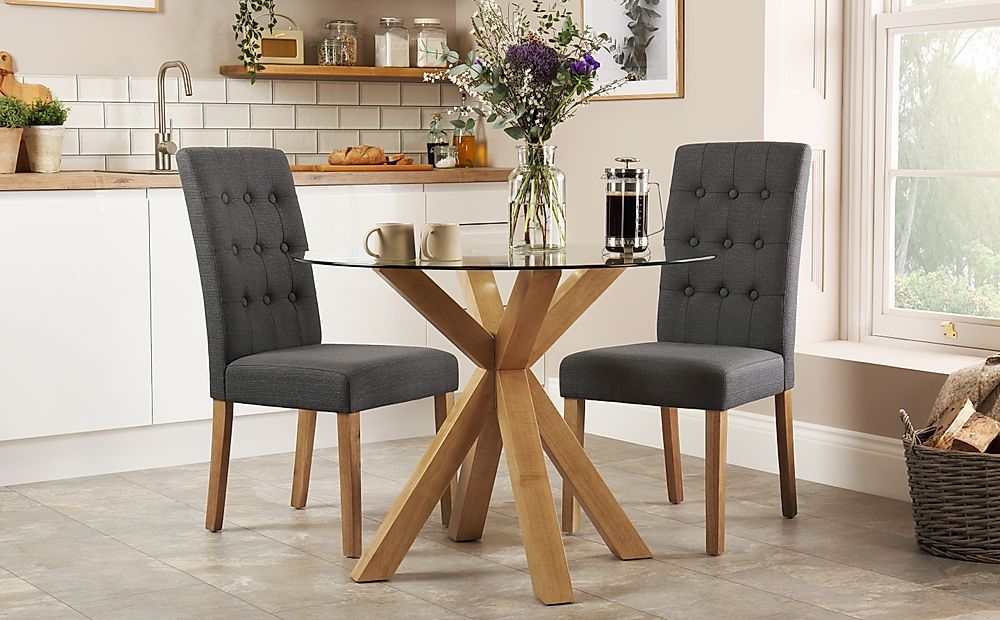 Hatton Round Dining Table & 2 Regent Chairs, Glass & Natural Oak Finished Solid Hardwood, Slate Grey Classic Linen-Weave Fabric, 100cm