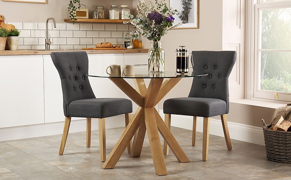 Hatton Round Oak And Glass Dining Table, Round Dining Table For 2 With Chairs