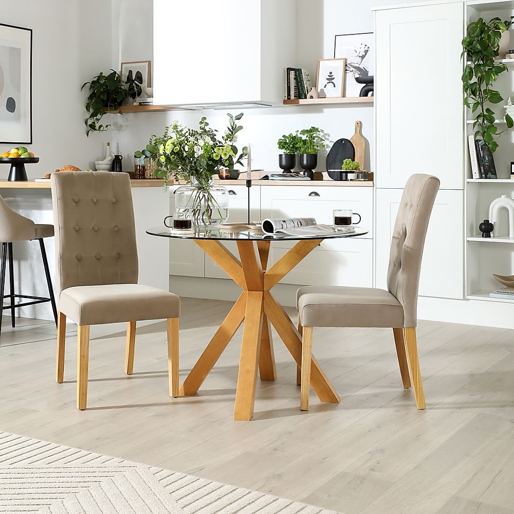 Hatton Round Dining Table & 2 Regent Chairs, Glass & Natural Oak Finished Solid Hardwood, Champagne Classic Velvet, 100cm