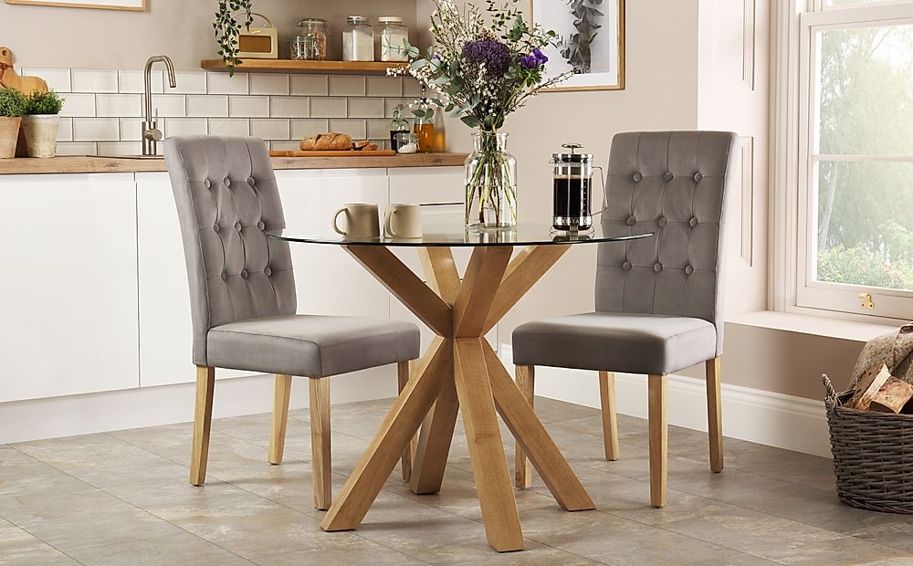 Hatton Round Dining Table & 2 Regent Chairs, Glass & Natural Oak Finished Solid Hardwood, Grey Classic Velvet, 100cm