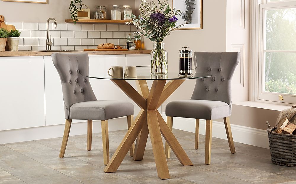 Hatton Round Oak And Glass Dining Table, Round Glass Dining Table With Velvet Chairs