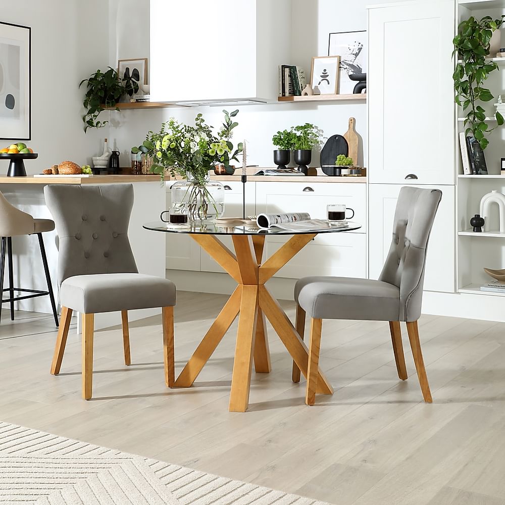 Hatton Round Dining Table & 2 Bewley Chairs, Glass & Natural Oak Finished Solid Hardwood, Grey Classic Velvet, 100cm