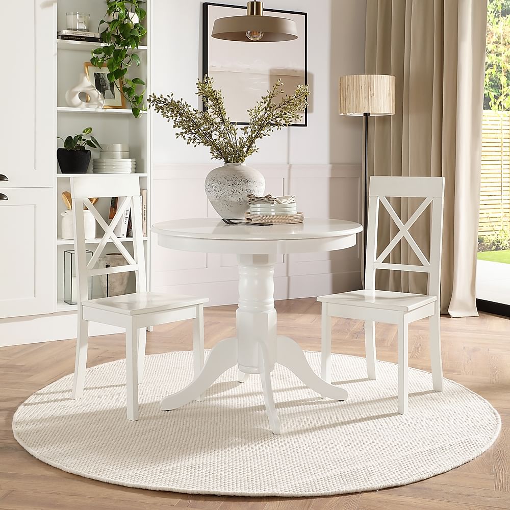 Kingston Round Dining Table & 2 Kendal Chairs, White Wood, 90cm