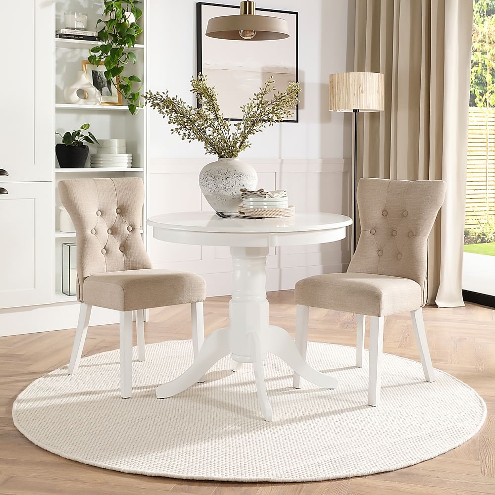 Kingston Round Dining Table & 2 Bewley Chairs, White Wood, Oatmeal Classic Linen-Weave Fabric, 90cm