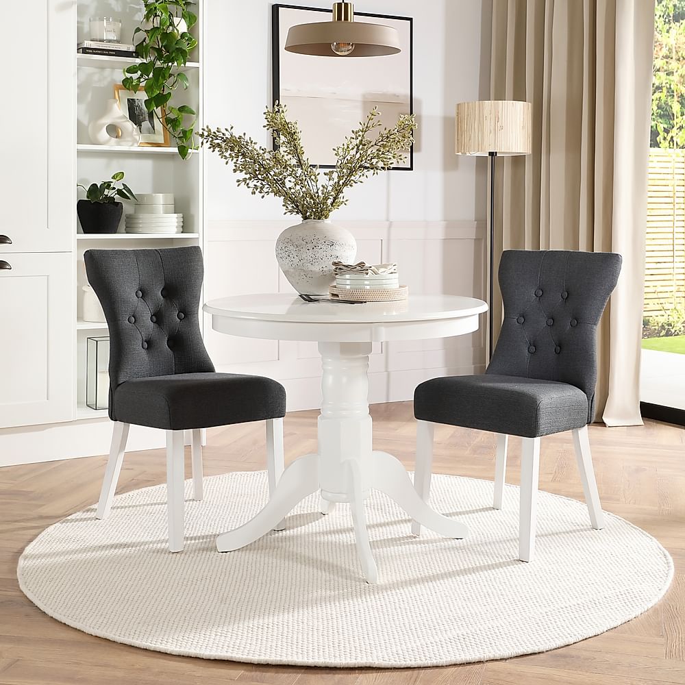 Kingston Round Dining Table & 2 Bewley Chairs, White Wood, Slate Grey Classic Linen-Weave Fabric, 90cm