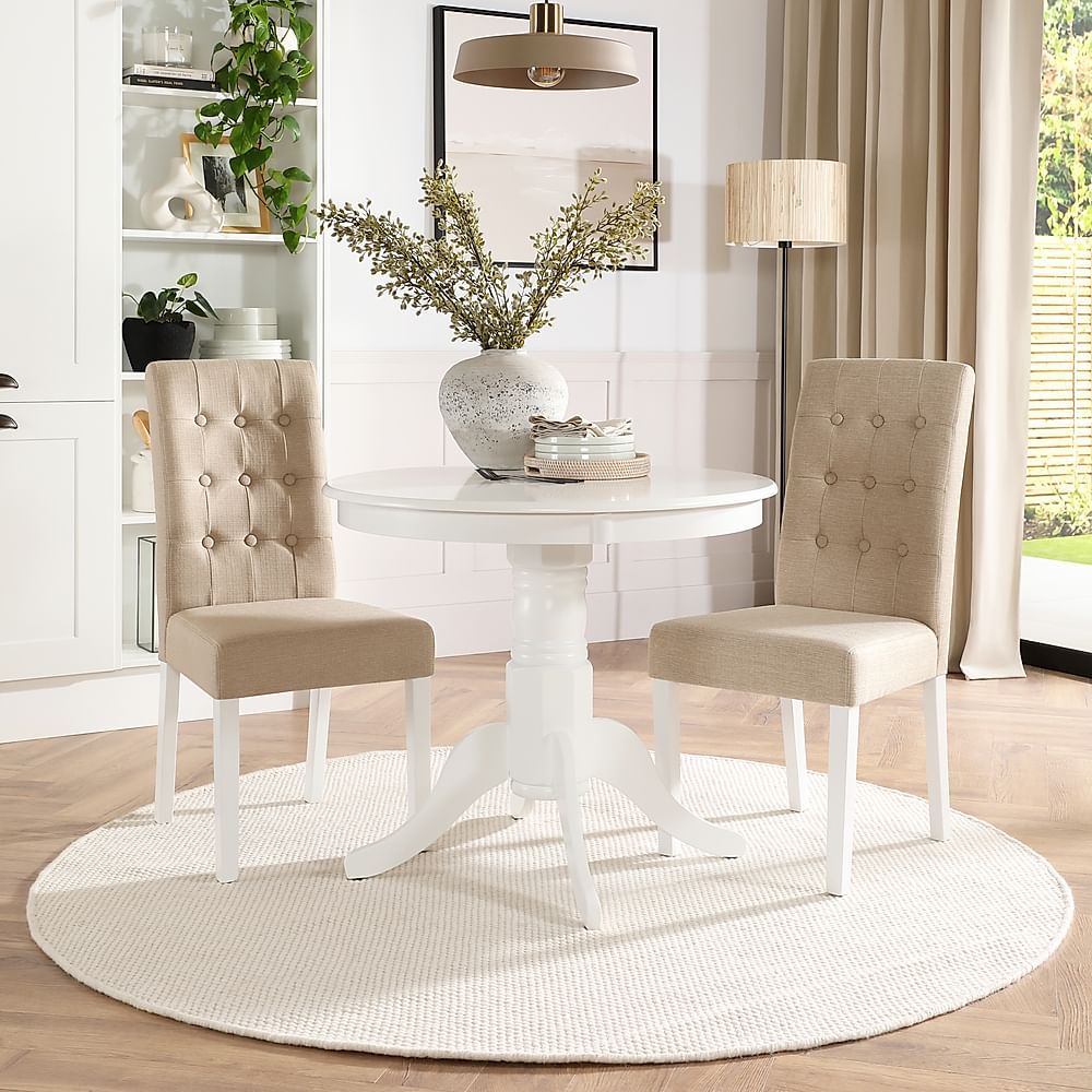 Kingston Round Dining Table & 2 Regent Chairs, White Wood, Oatmeal Classic Linen-Weave Fabric, 90cm