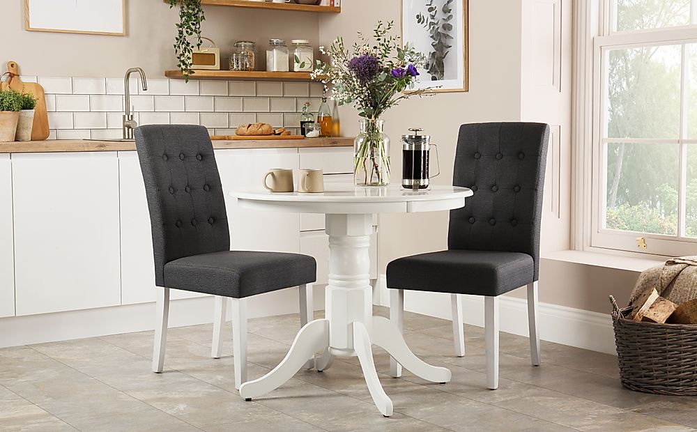 Kingston Round Dining Table & 2 Regent Chairs, White Wood, Slate Grey Classic Linen-Weave Fabric, 90cm