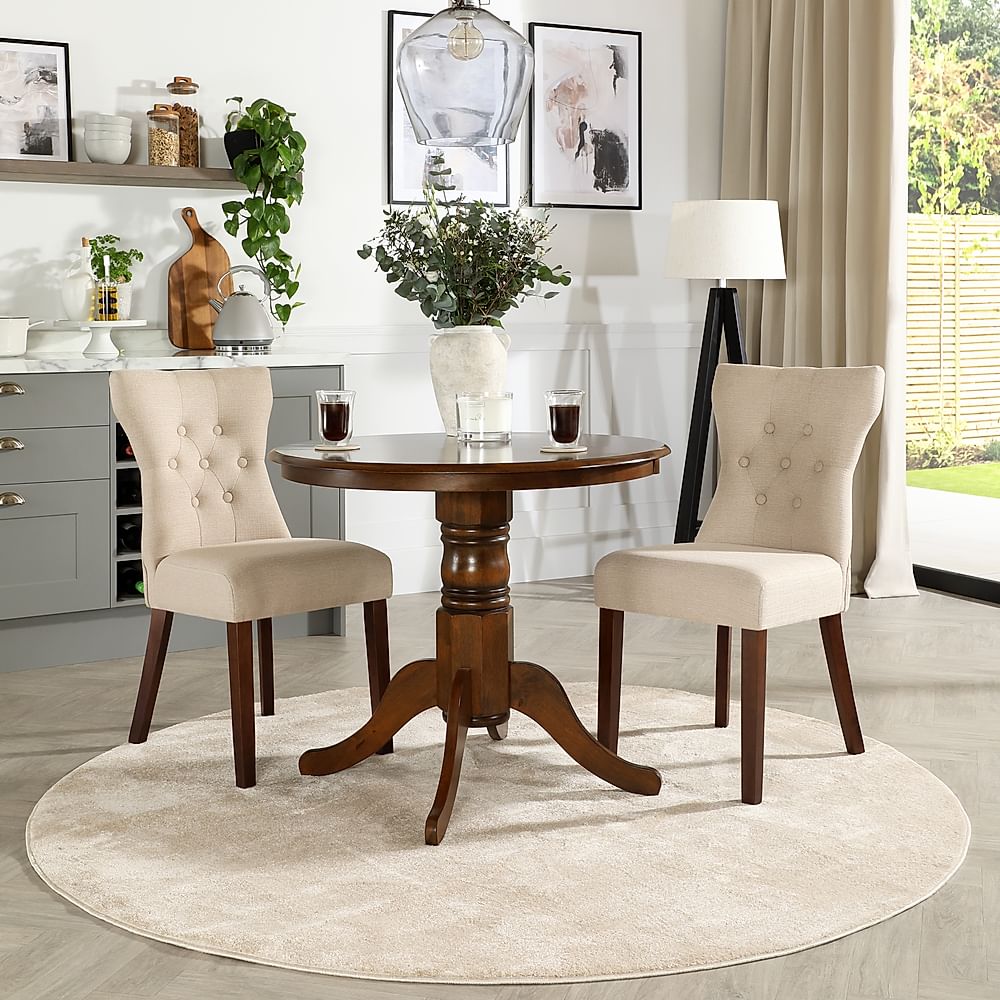 Kingston Round Dining Table & 2 Bewley Chairs, Dark Solid Hardwood, Oatmeal Classic Linen-Weave Fabric, 90cm