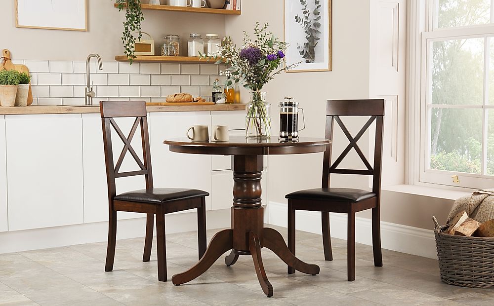 Kingston Round Dining Table & 2 Kendal Chairs, Dark Solid Hardwood, Brown Classic Faux Leather, 90cm