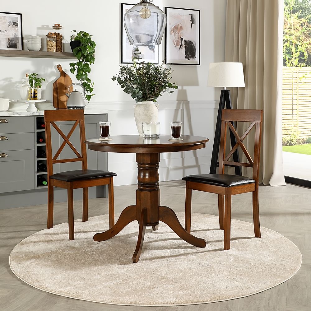 Kingston Round Dining Table & 2 Kendal Chairs, Dark Solid Hardwood, Brown Classic Faux Leather, 90cm