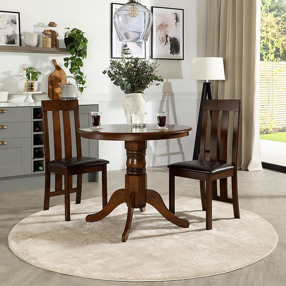 Kingston Round Dining Table & 2 Chester Chairs, Dark Solid Hardwood ...