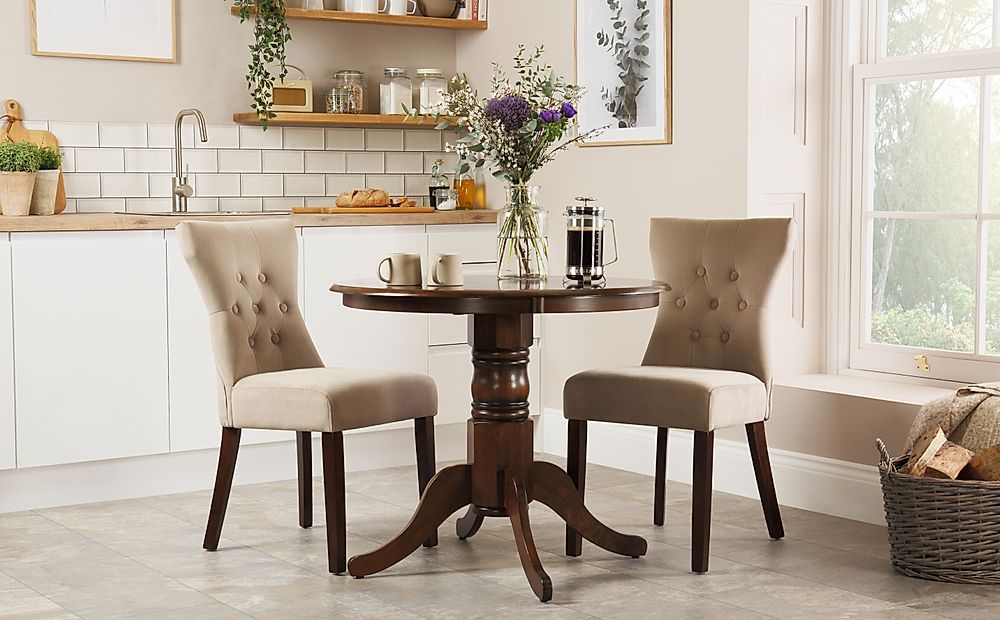 Kingston Round Dining Table & 2 Bewley Chairs, Dark Solid Hardwood, Champagne Classic Velvet, 90cm