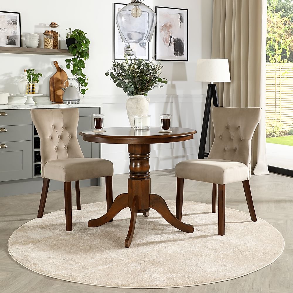 Kingston Round Dining Table & 2 Bewley Chairs, Dark Solid Hardwood, Champagne Classic Velvet, 90cm