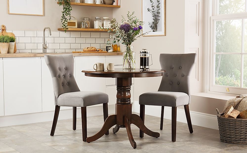 Kingston Round Dining Table & 2 Bewley Chairs, Dark Solid Hardwood, Grey Classic Velvet, 90cm