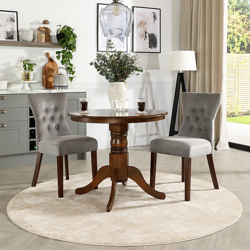 Kingston Round Dining Table & 2 Bewley Chairs, Dark Solid Hardwood, Grey Classic Velvet, 90cm