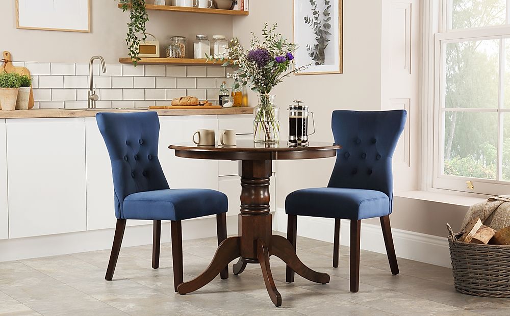 Kingston Round Dining Table & 2 Bewley Chairs, Dark Solid Hardwood, Blue Classic Velvet, 90cm