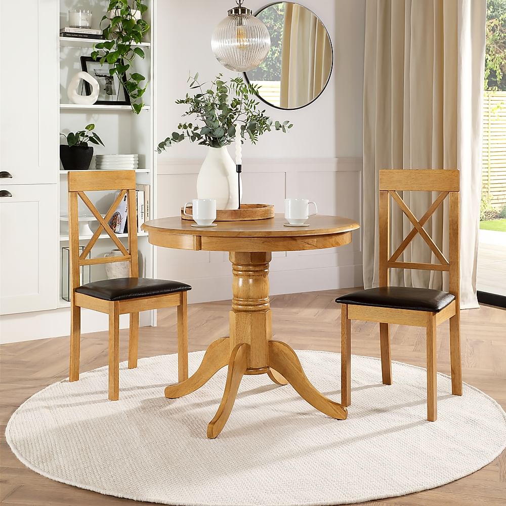 Kingston Round Dining Table & 2 Kendal Chairs, Natural Oak Finished Solid Hardwood, Brown Classic Faux Leather, 90cm