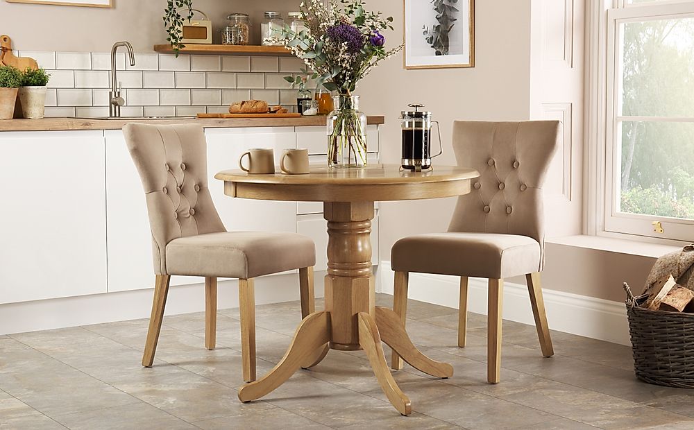 Kingston Round Dining Table & 2 Bewley Chairs, Natural Oak Finished Solid Hardwood, Champagne Classic Velvet, 90cm