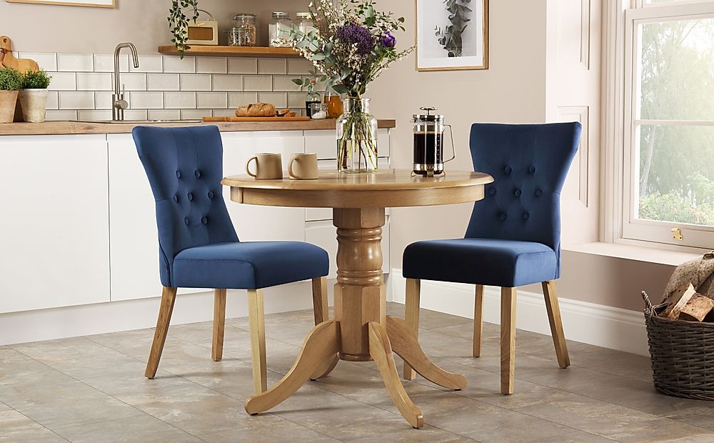 Kingston Round Dining Table & 2 Bewley Chairs, Natural Oak Finished Solid Hardwood, Blue Classic Velvet, 90cm