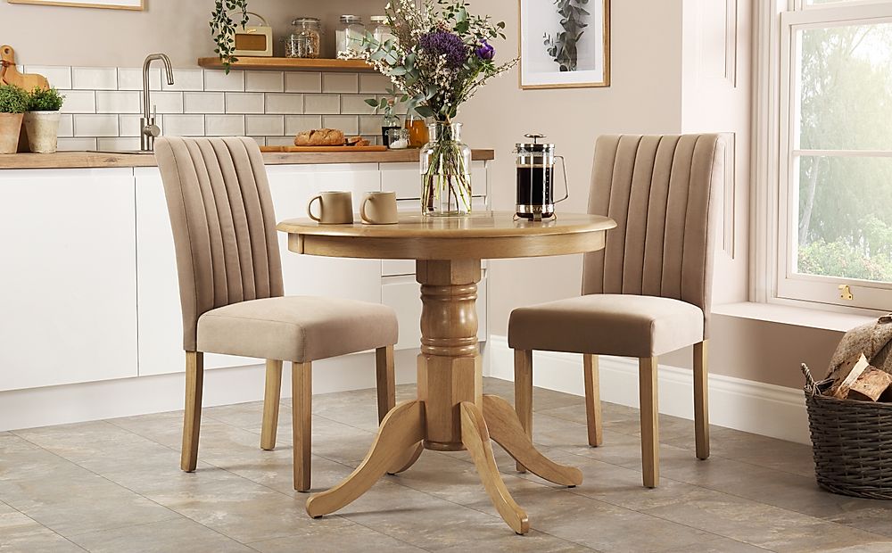 Kingston Round Dining Table & 2 Salisbury Chairs, Natural Oak Finished Solid Hardwood, Champagne Classic Velvet, 90cm