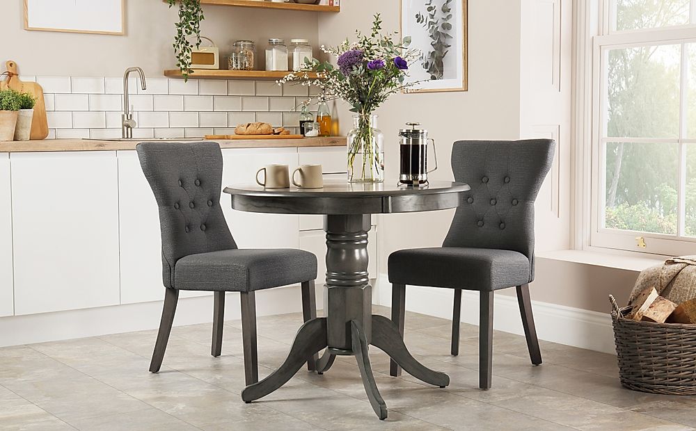 Kingston Round Dining Table & 2 Bewley Chairs, Grey Solid Hardwood, Slate Grey Classic Linen-Weave Fabric, 90cm