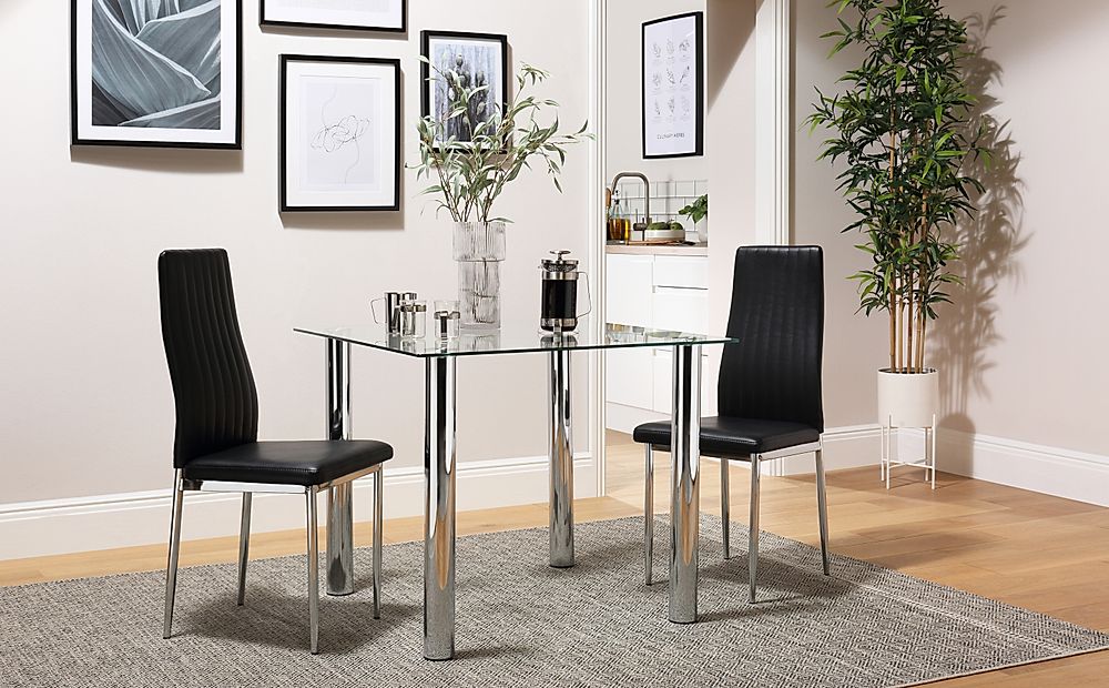 Nova Square Dining Table & 2 Leon Chairs, Glass & Chrome, Black Classic Faux Leather, 90cm