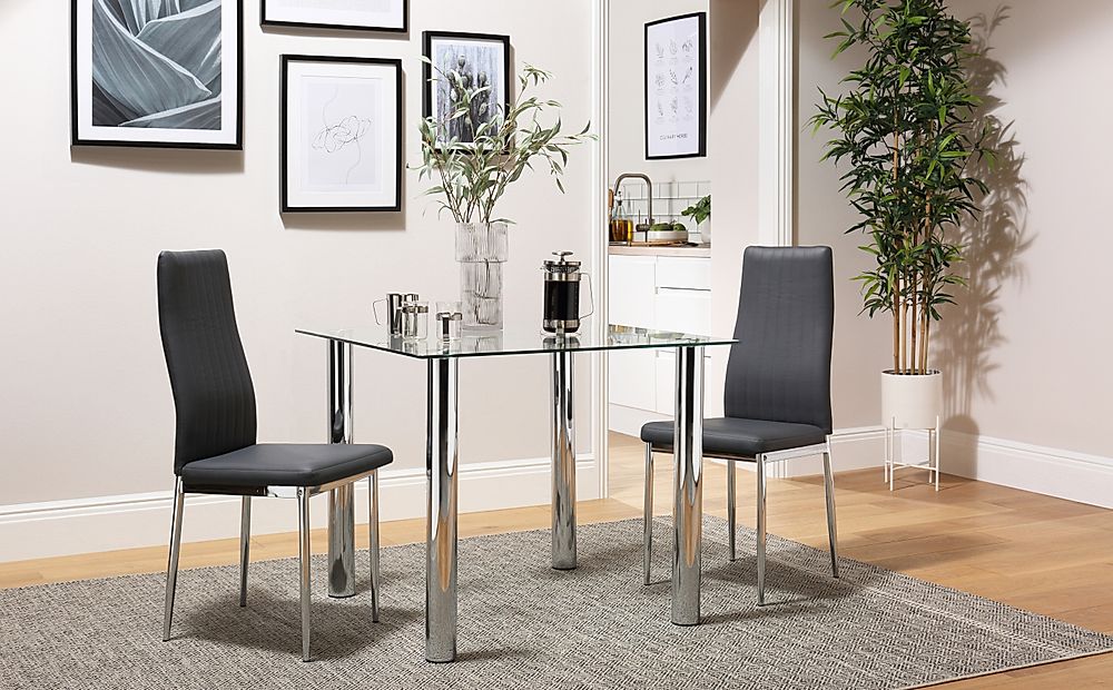 Nova Square Dining Table & 2 Leon Chairs, Glass & Chrome, Grey Classic Faux Leather, 90cm