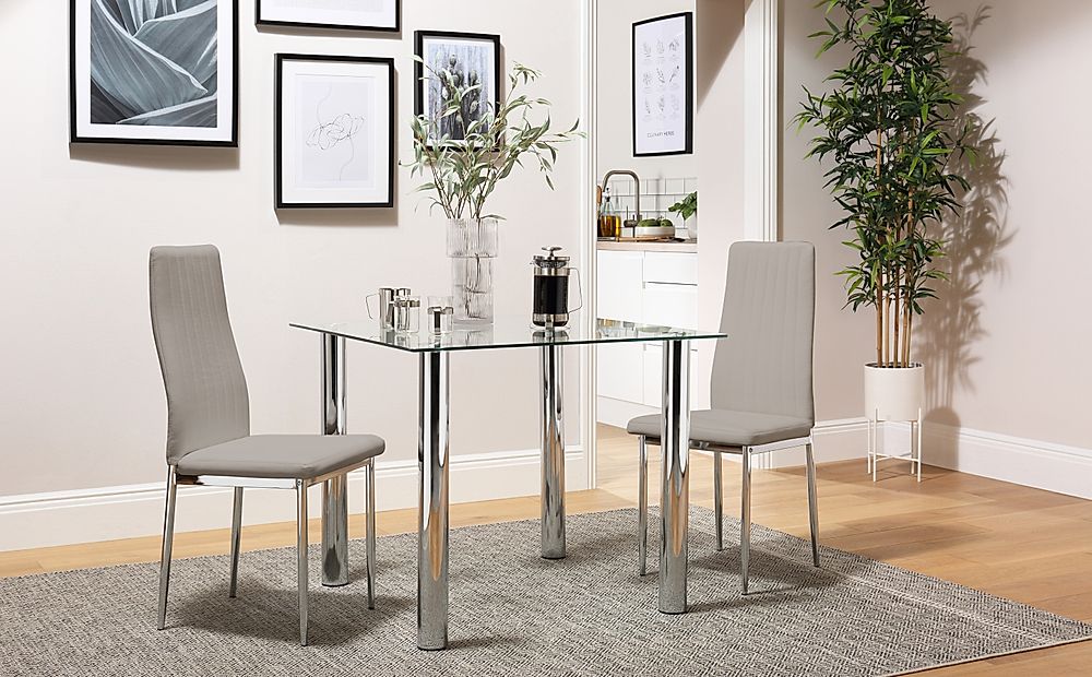 Nova Square Dining Table & 2 Leon Chairs, Glass & Chrome, Stone Grey Classic Faux Leather, 90cm