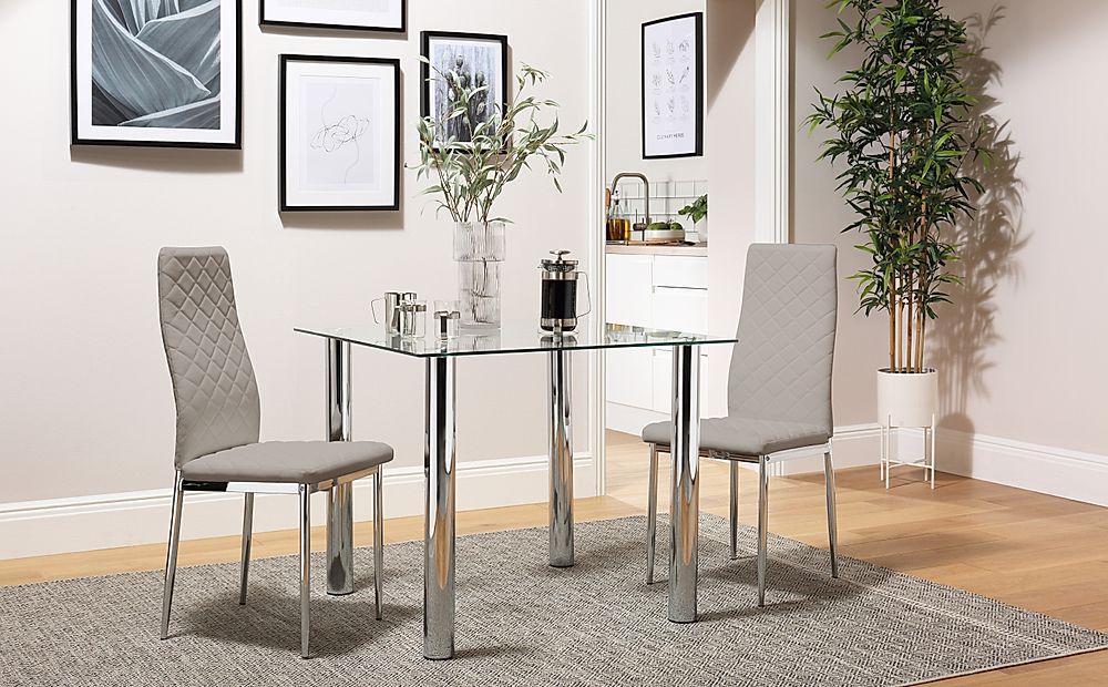 Nova Square Dining Table & 2 Renzo Chairs, Glass & Chrome, Stone Grey Classic Faux Leather, 90cm